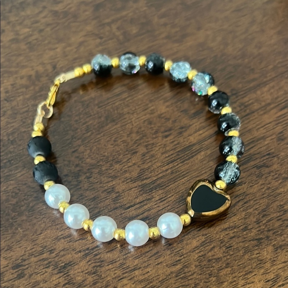 Black Crystal Heart Crackle Glass Bracelet Faux Pearl Bracelet